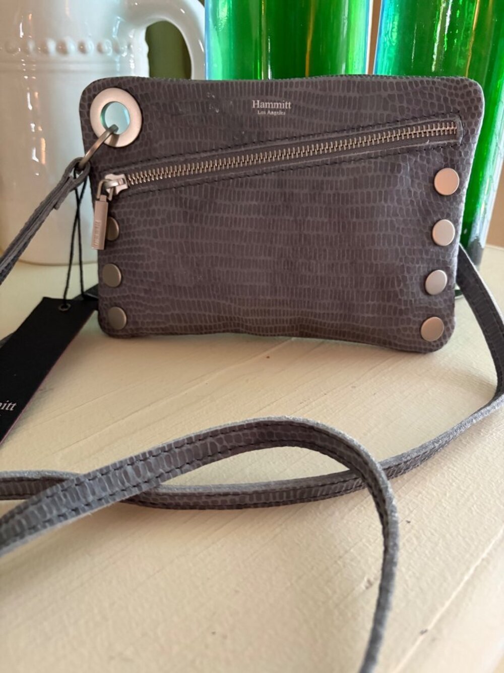 Hammitt Nash Small Slate Tejus Snake Ebossed Suede Crossbody Shoulder Handbag / - Picture 2 of 13